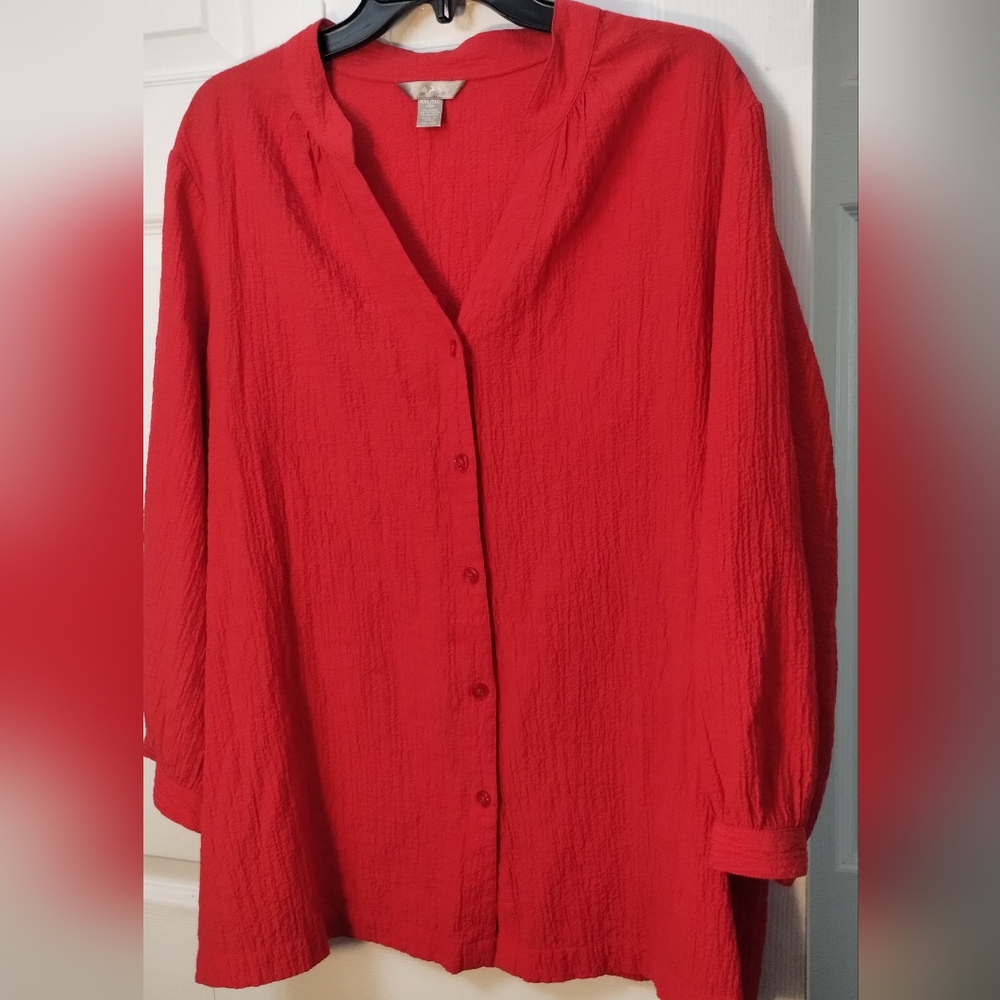 Plus Size White Stag Red 3/4 Sleeve Button Down Blouse